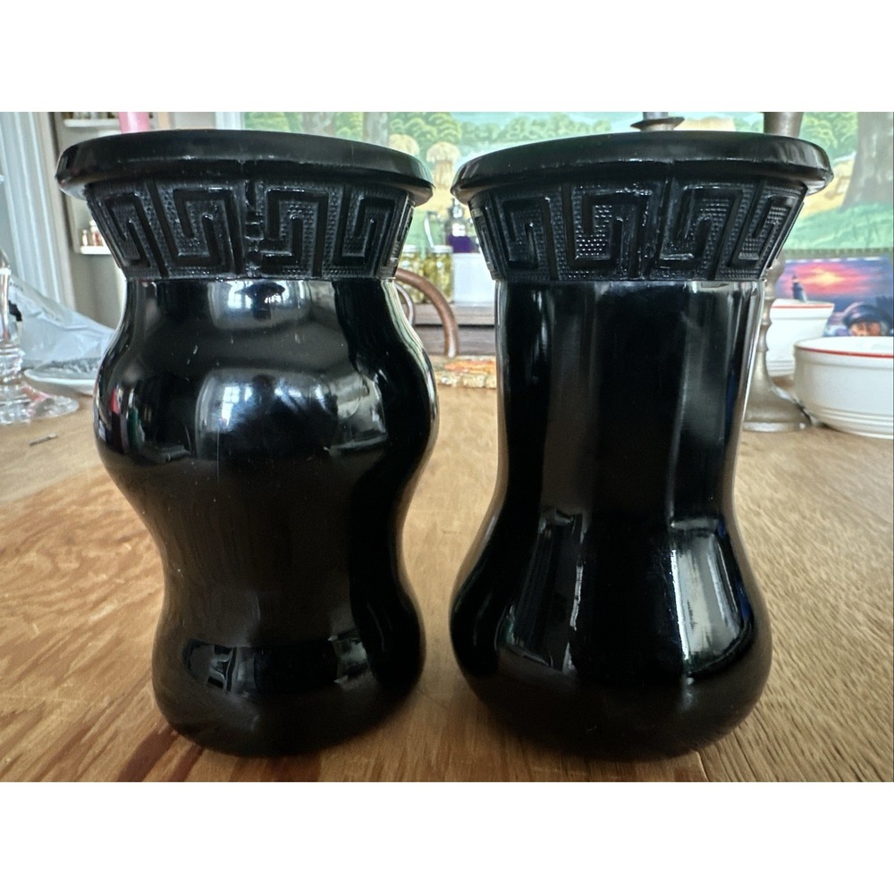 2 Vintage 1920's Black Amethyst Glass LE Smith Vases Greek Key 5.75" Tall